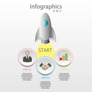 信息图表。飞行的火箭。三个步骤