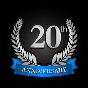 第二十周年纪念标志用蓝色丝带和月桂树花圈, 向量模板为生日庆祝