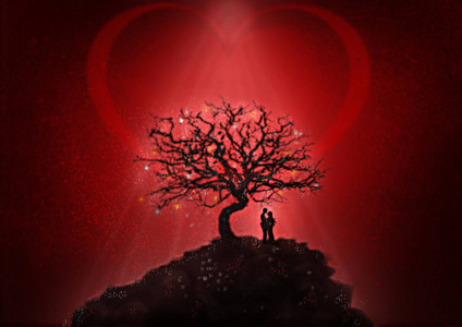 一个男人和一个女人在光线照射下的树下拥抱照片