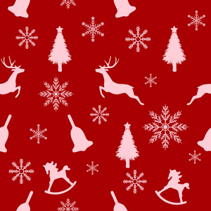 圣诞无缝图案, 白色轮廓的圣诞树, 鹿, 圣诞钟声, 摇马和雪花在红色的背景。矢量插图