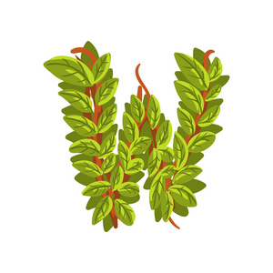 春天英文标签字母 w, 英文字母表由树枝, 生态学元素为横幅, 卡片