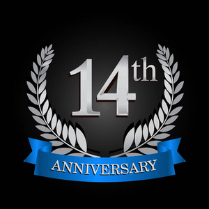 第十四周年纪念标志用蓝色丝带和月桂树花圈, 向量模板为生日庆祝