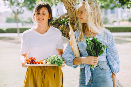 年轻快乐的妇女与健康食物为夏天野餐室外
