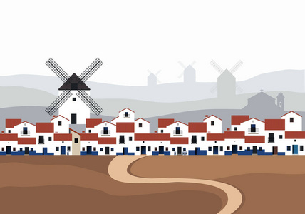 典型的西班牙村庄 La 恰 与风车在背景风景