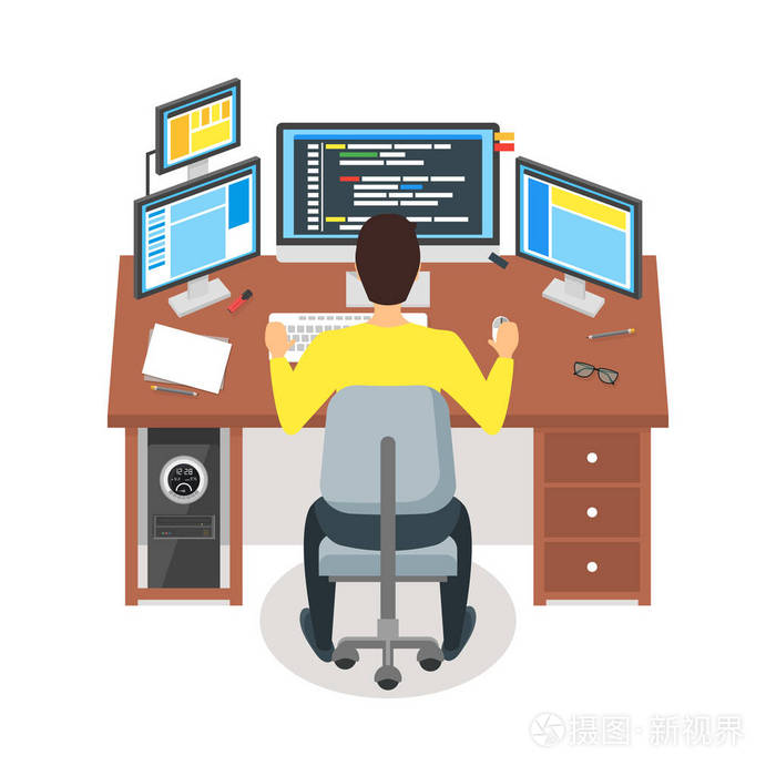 卡通程序员编写代码工作区概念矢量