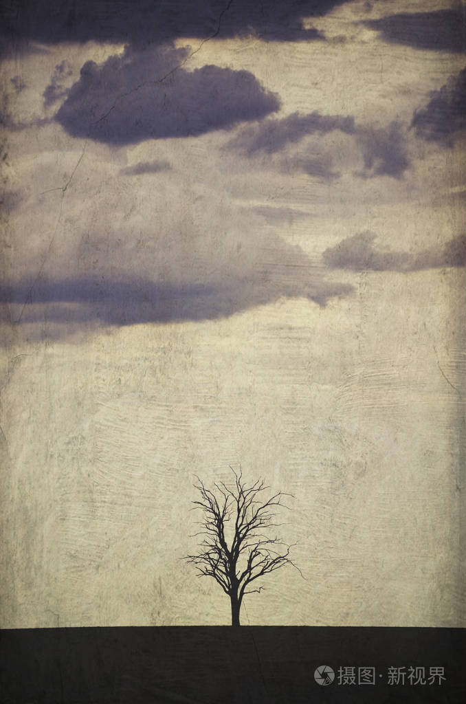 一棵光秃秃的死树在田野映衬着一个垃圾质感的暴风雨灰色的天空