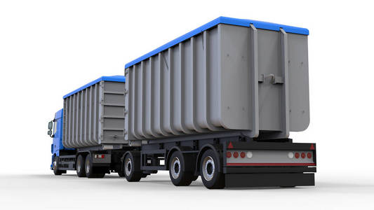 大蓝色卡车与分开的拖车, 为运输农业和大厦散装材料和产品。3d 渲染