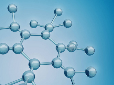 抽象原子结构3d 渲染。蓝色玻璃分子结构背景