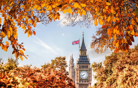 在伦敦，英格兰，英国大本钟反对秋天叶