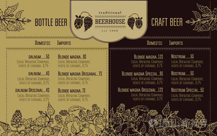 餐厅和咖啡馆的啤酒菜单.手绘图形元素在复古风格中的设计模板