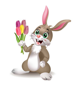 可爱的兔子拿着郁金香花矢量。快乐的小兔子，一束