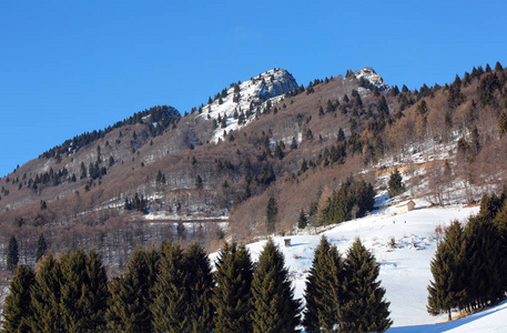 冬季有白雪的全景山, 山顶叫