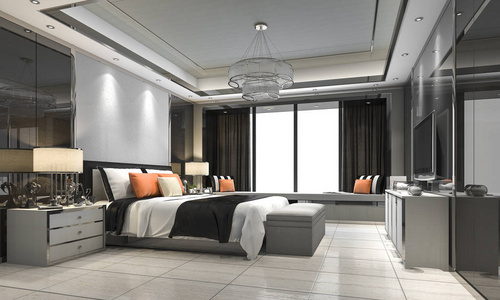 3d 渲染现代豪华卧室套房在酒店装饰