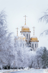 冬天冰雪覆盖的公园里的教堂圆顶