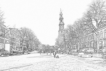 铅笔图画从冬天在阿姆斯特丹荷兰与教堂