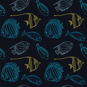 深色背景下不同蓝黄鱼的无缝花纹, 矢量图示