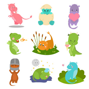 可爱的孩子宝贝龙恐龙幻想动物卡通字符爬行动物神话漫画恐龙怪物矢量图