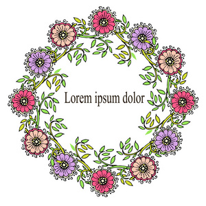花花环紫罗兰, 花, 粉红色, 绿色叶黑色轮廓白色, Lorem ipsum 股票矢量插图