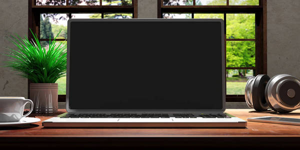 与黑色的屏幕，在家里窗前的木桌上的笔记本电脑。美丽的模糊的自然背景。3d 图