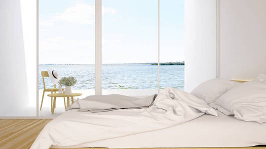 卧室和露台湖景观在酒店或公寓3d 渲染