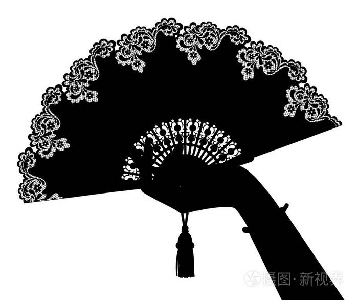 女人的手的黑色剪影与开放风扇隔绝在白色插画-正版商用图片02ndnh-摄