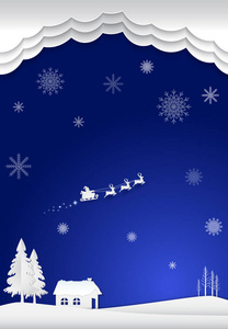 小屋与圣诞老人和雪花在冬天在蓝色背景。c