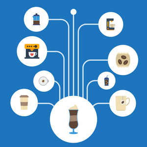平图标咖啡机 卡布奇诺 拿铁咖啡包和其他向量元素。咖啡的平面图标符号集还包括壶 咖啡机 冰的对象