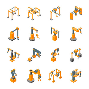 输送机机械手图标设置等距视图。矢量