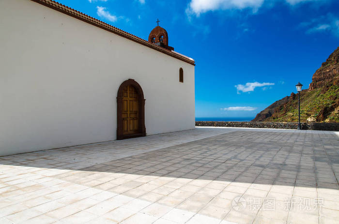 白色教堂金丝雀风格建筑蓝天, 大雷伊, La 层, 加那利群岛