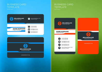 公司名片打印模板。纵向和横向的名片模板。矢量图。制卡样机