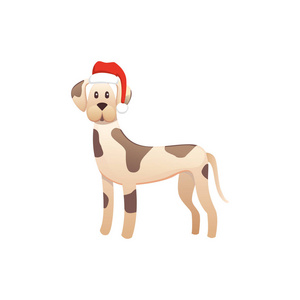 可爱的狗在红色圣诞老人帽子。圣诞小狗冬季卡通插画