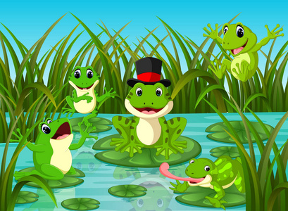 许多青蛙在叶子与河场面