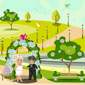 年轻的新娘和新郎在一个装饰的拱门下的森林