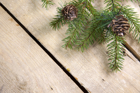 圣诞节和新年的概念。木制木板上有球果的冷杉树枝, 顶部视图, 平躺
