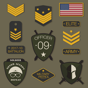 军队徽章设置排版。t恤图形。陆军补丁, 雪佛龙, 别针