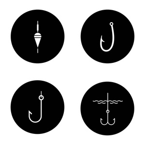 钓鱼字形图标设置。捕鱼浮子和钩。黑色圆圈中的矢量白色剪影插图