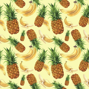 菠萝和香蕉的水彩图案。手绘热带水果, 叶子在黄色背景下被隔离。设计或印刷的食品植物插图