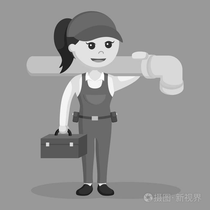 女水管工手持工具箱和巨型管黑白风格