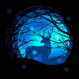 矢量纸的艺术风格说明冬季季节。鹿在雪森林与月亮在黑暗的 bakground。圣诞节和新年明信片传单贺卡