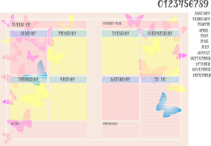 每周计划书在背景与蝴蝶和月的名字用数字