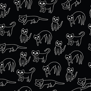 儿童画猫在黑色无缝模式。矢量图形艺术