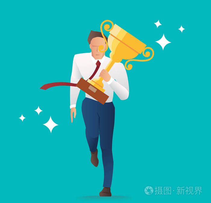 商人捧着金奖杯成功和快乐的概念矢量插画