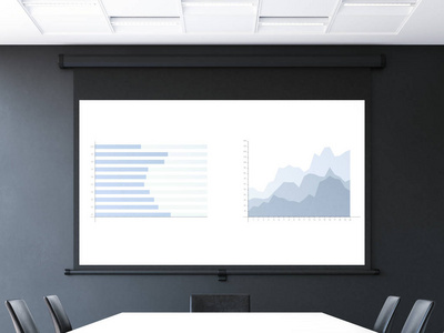 嘟嘟投影仪会议室配有汇总投影仪屏幕.3d 渲染照片