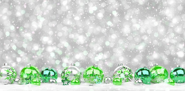 绿色和白色圣诞小玩意排队 3d 渲染