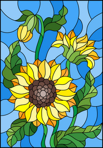 在彩色玻璃风格的插图与一束向日葵, 花, 芽和叶子的花在蓝色背景