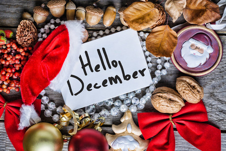 您好 12月, 欢迎冬季贺卡框架冬季和圣诞装饰色调的垃圾图像照片