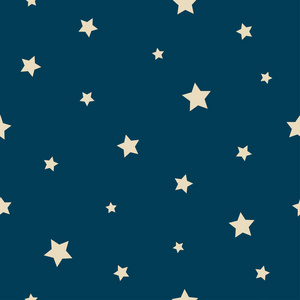 在深蓝色背景上有不同大小的黄色星星的无缝抽象图案。矢量插图