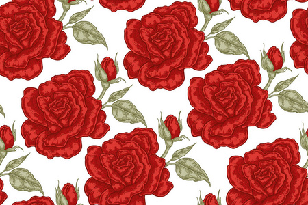 白色背景上有红色玫瑰花的无缝花纹。织物礼品包装纺织品和卡片设计的矢量插图