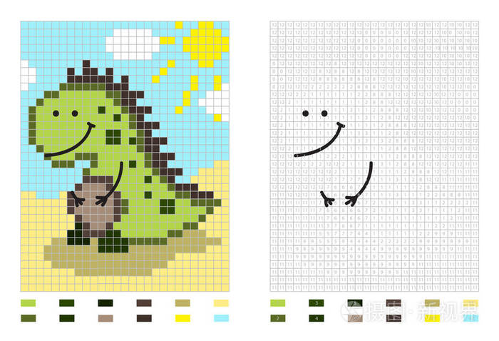 恐龙像素卡通着色页按数字插画-正版商用图片02pnbz-摄图新视界