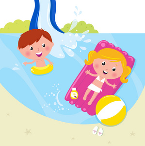 暑假两个孩子在游泳池里游泳